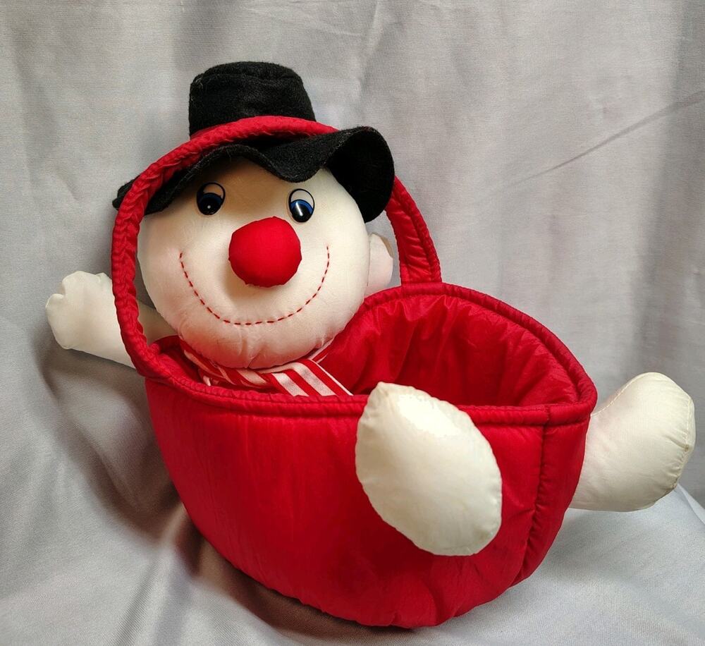 Vintage Nylon Puffalump Red Christmas Snowman Basket Holiday decorations Gifts